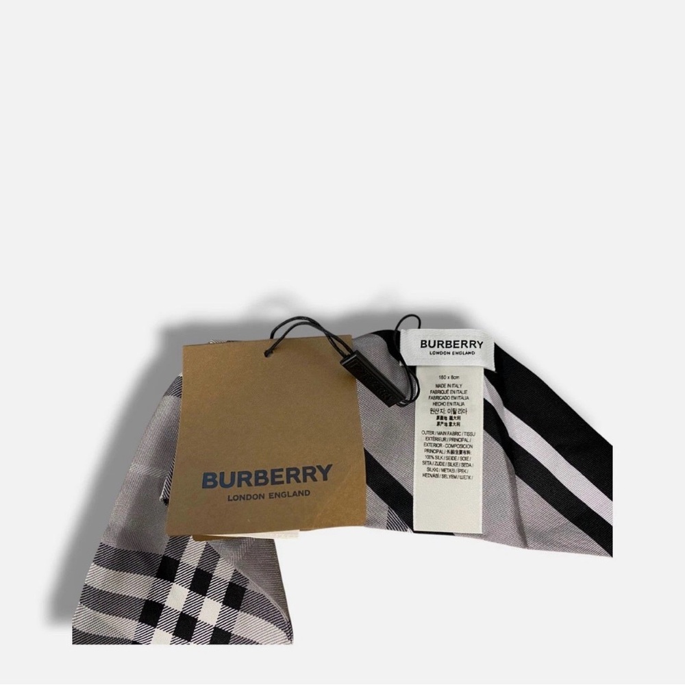 Burberry Women's Gray Montage Print Silk Skinny Scarf 8cm x 180cm - Picture 2 of 3